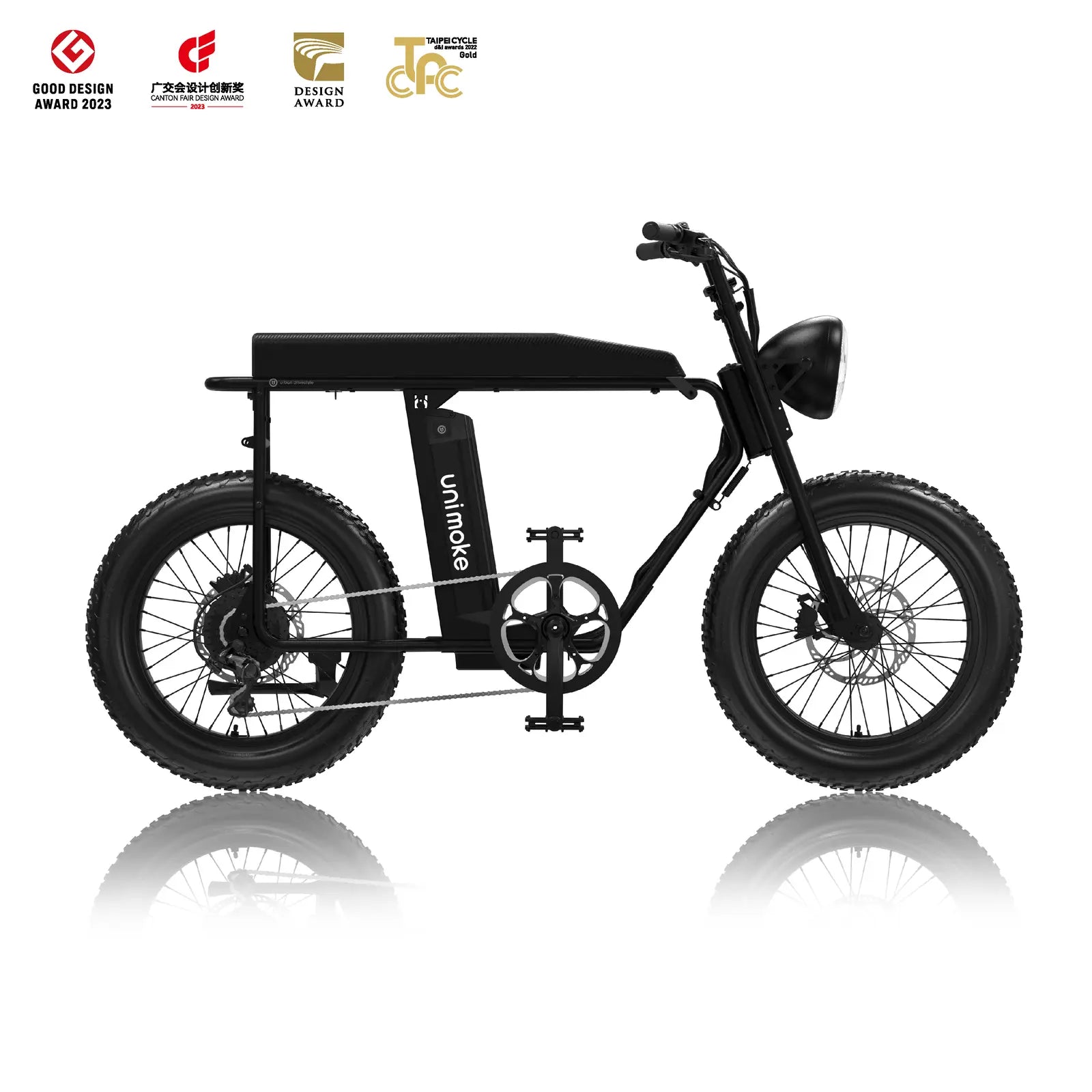 Unimoke MK 經典消光黑結合 復古鋼管造型 與 現代電力輔助技術，以加長型全長座墊、多功能配件系統、Shimano 7 段變速與 9 段助力，打造全方位騎乘體驗