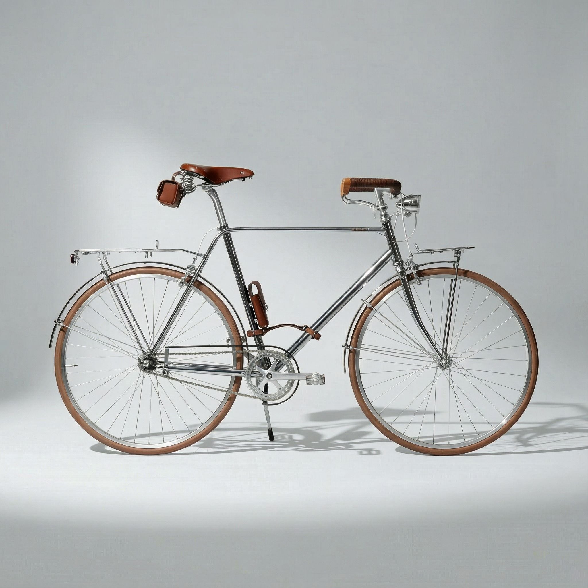 一台銀色瑞士復古鋼管車，搭載車燈、彈簧式皮革座墊、皮革車架包、提把、貨架、泥除鏈蓋組與花梨木腳踏，置於攝影棚中，呈現出俐落而溫潤的復古氣質。