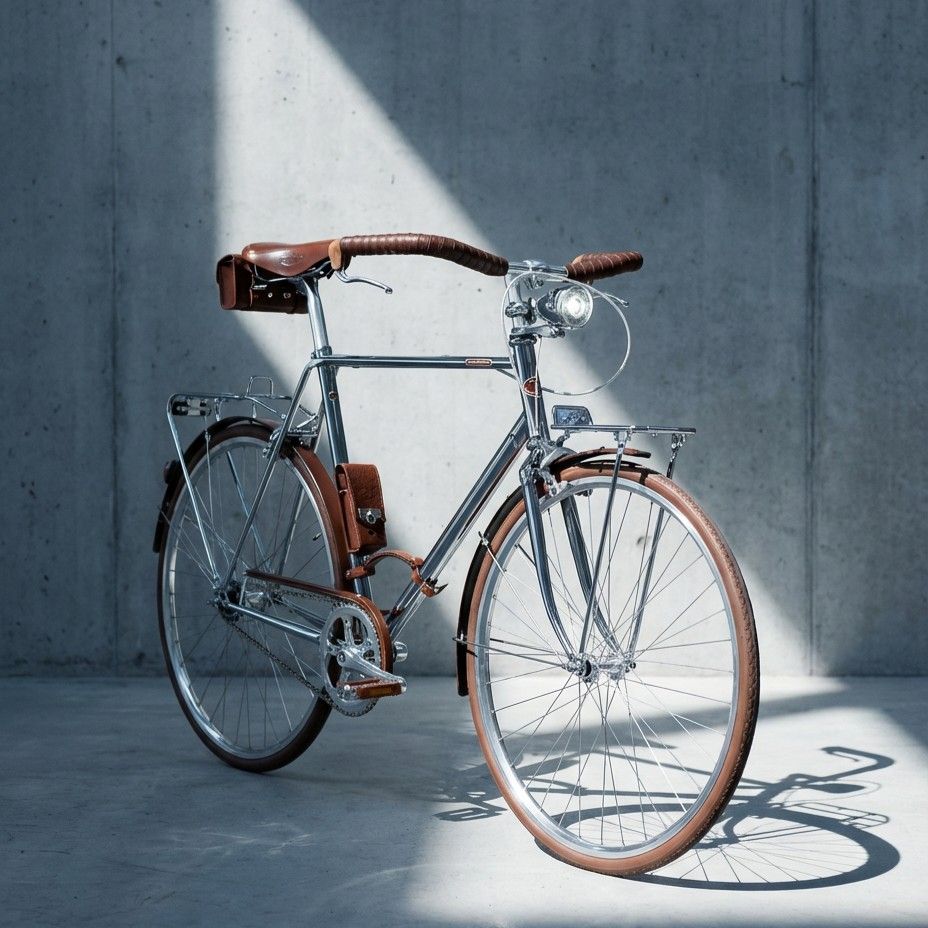 一台銀色瑞士復古鋼管車，搭載車燈、彈簧式皮革座墊、皮革車架包、提把、貨架、泥除鏈蓋組與花梨木腳踏，置於灰色水泥牆面，呈現出俐落而溫潤的復古氣質。