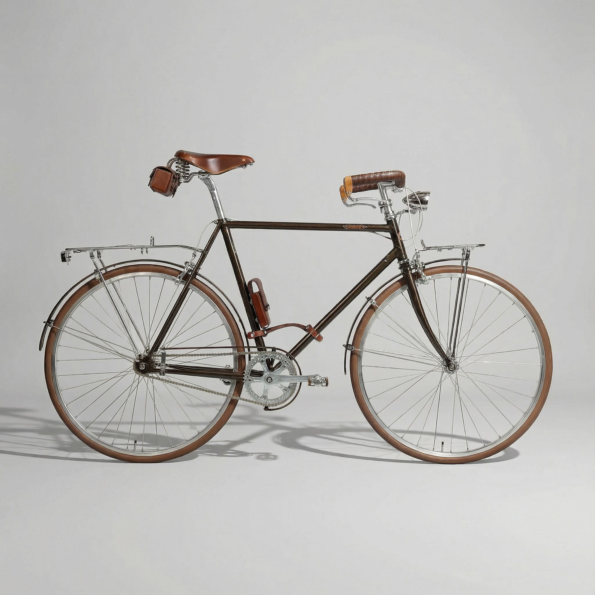 一台深棕色瑞士復古鋼管車，搭載車燈、彈簧式皮革座墊、皮革車架包、提把、貨架、泥除鏈蓋組與花梨木腳踏，置於攝影棚內拍攝，復古質感一眼可見。