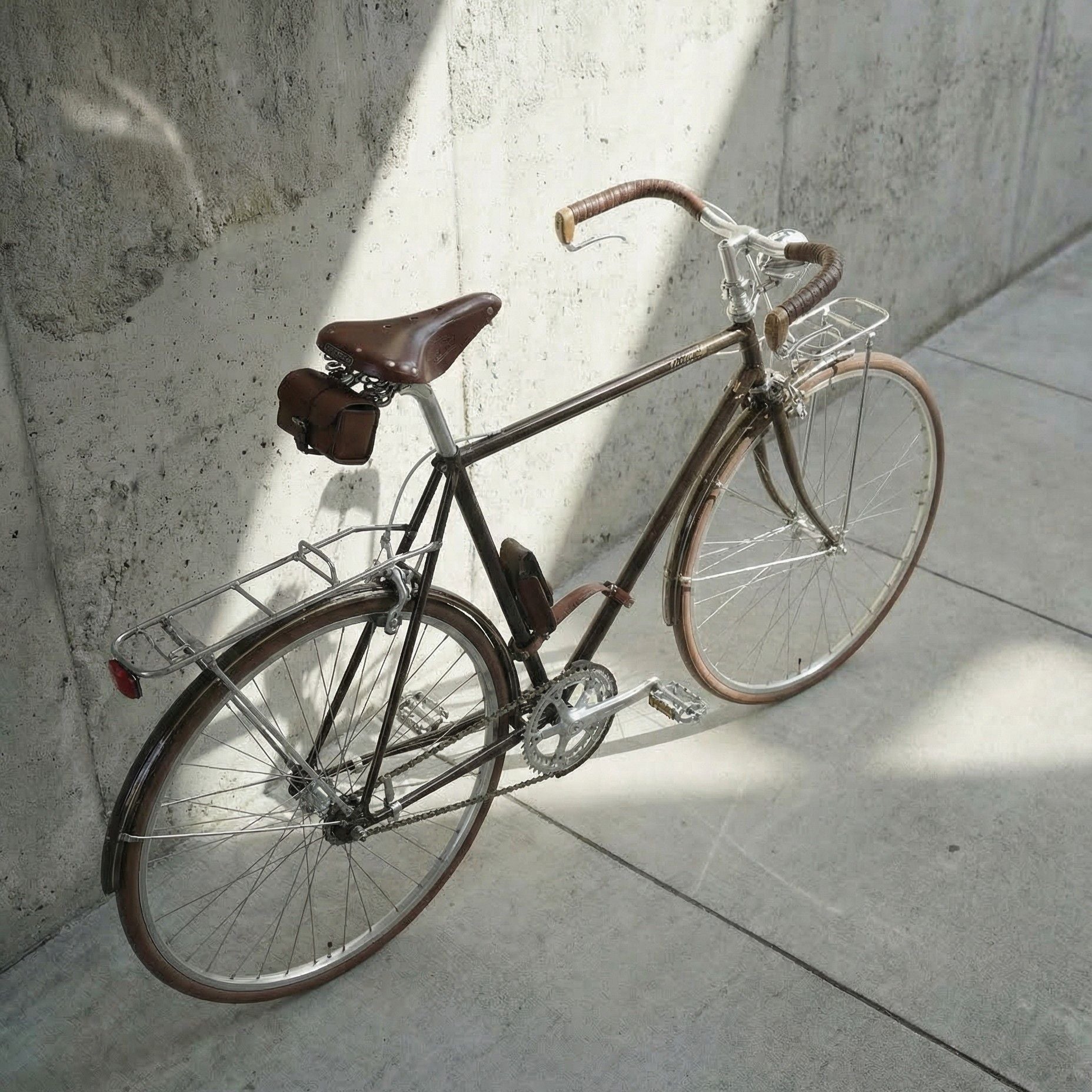 瑞士復古城市鋼管自行車斜後方視角，搭配後貨架、皮革車架包、泥除鏈蓋組與花梨木腳踏，全配備設定適合日常通勤與生活使用。