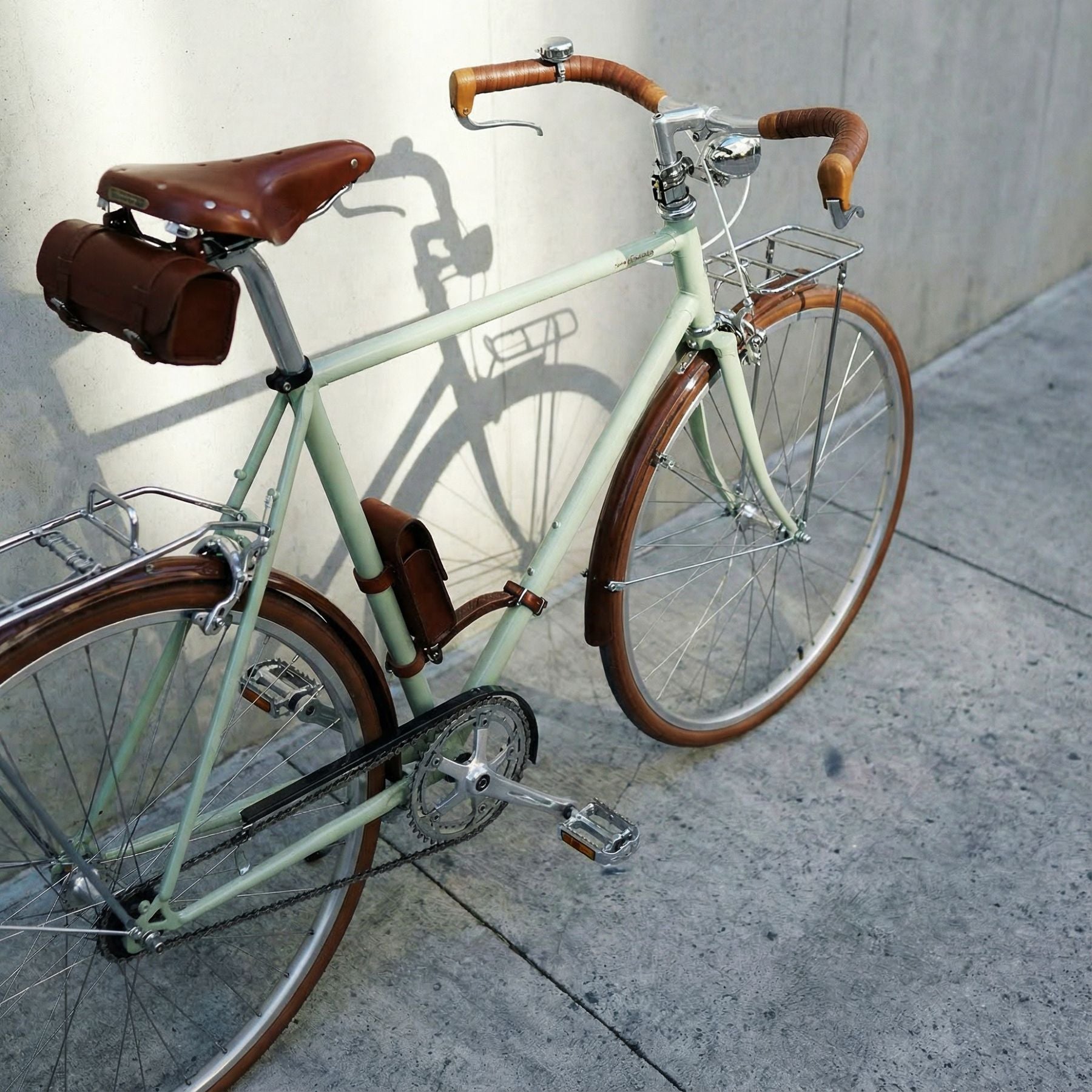 一台日系草芥綠瑞士復古鋼管車，搭載車燈、彈簧式皮革座墊、皮革車架包、提把、貨架、泥除鏈蓋組與花梨木腳踏，置於灰色水泥牆前拍攝，質感低調卻很有存在感。