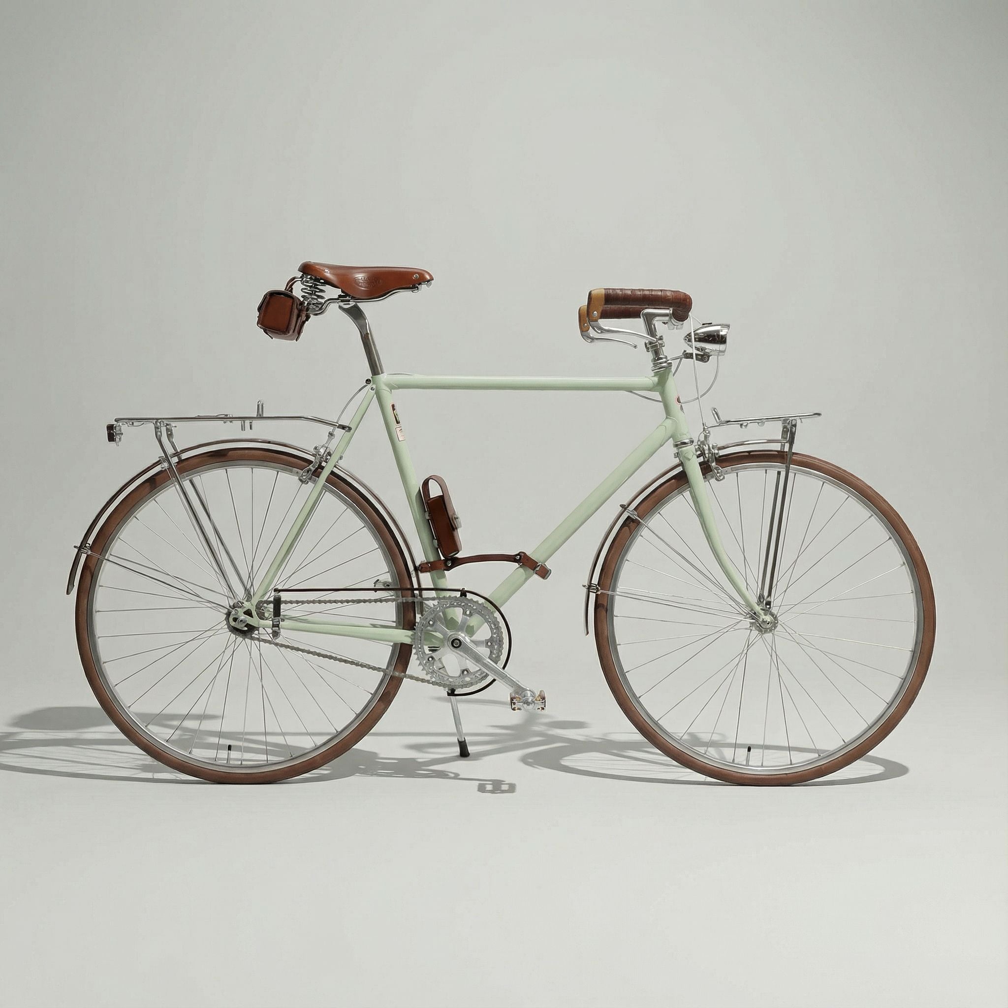 一台日系草芥綠瑞士復古鋼管車，搭載車燈、彈簧式皮革座墊、皮革車架包、提把、貨架、泥除鏈蓋組與花梨木腳踏，置於攝影棚內拍攝，質感低調卻很有存在感。