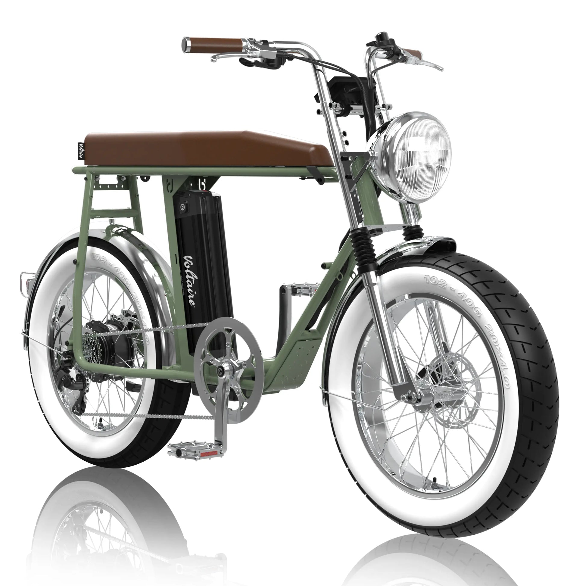 Voltaire Paname 杏仁綠聯名電輔車，展示清新法式淺綠車身、咖啡皮革座墊與白邊胖胎