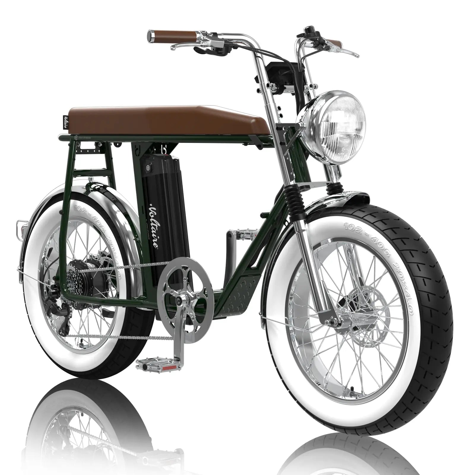 Voltaire Paname 瑪黑綠聯名電輔車，展示深邃英倫綠車身、亮銀避震前叉與白邊胖胎