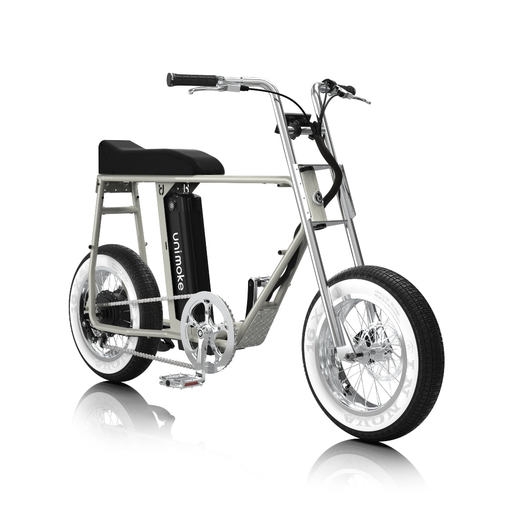 urbandrivestyle minibike 海鹽灰配備 Panasonic 48V 電池與高扭矩後輪電機，並提供 9 段助力