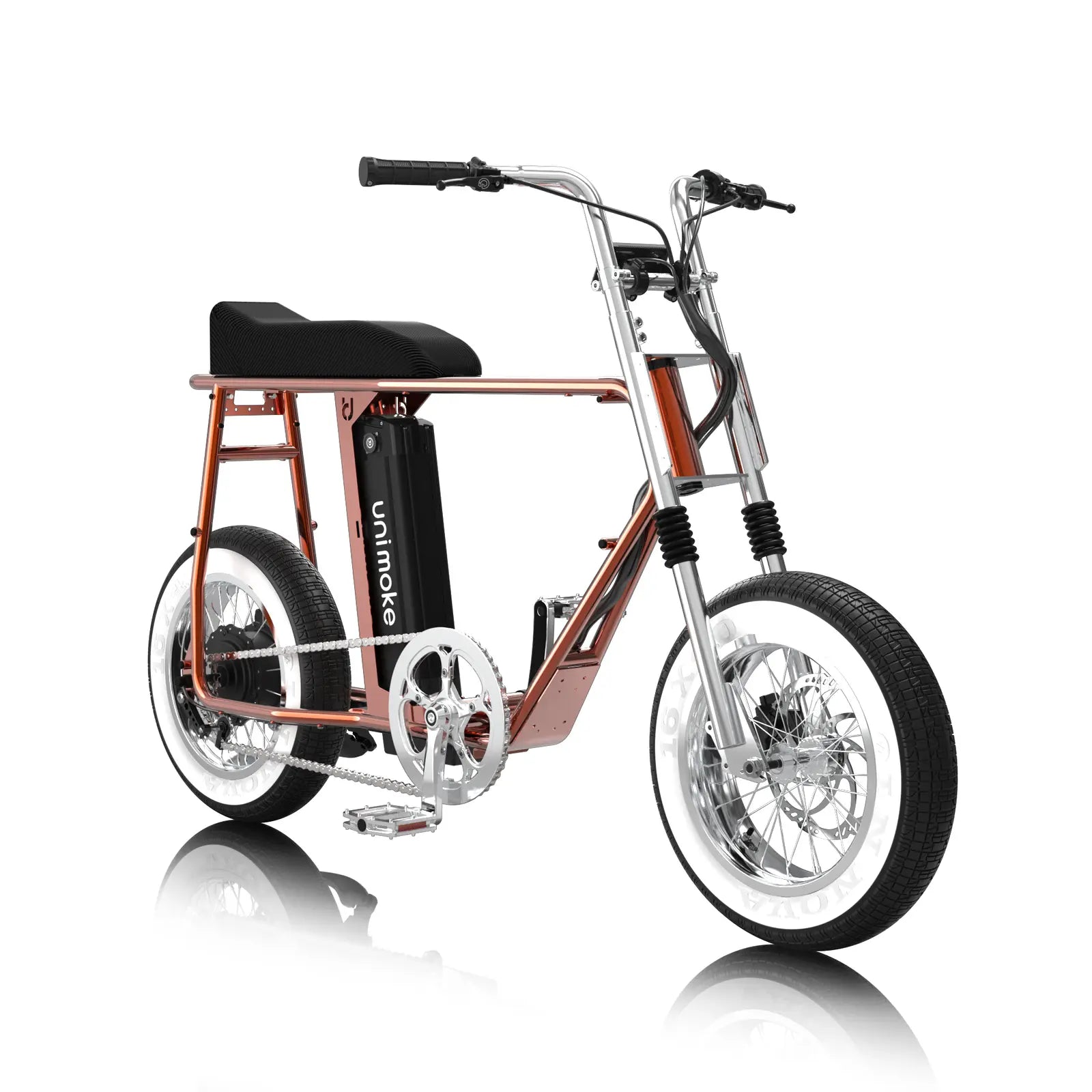 一台 Unimoke minibike 清漆火焰橘，銀色配件搭配亮眼橘紅車架，復古風格現代化的電力輔助技術