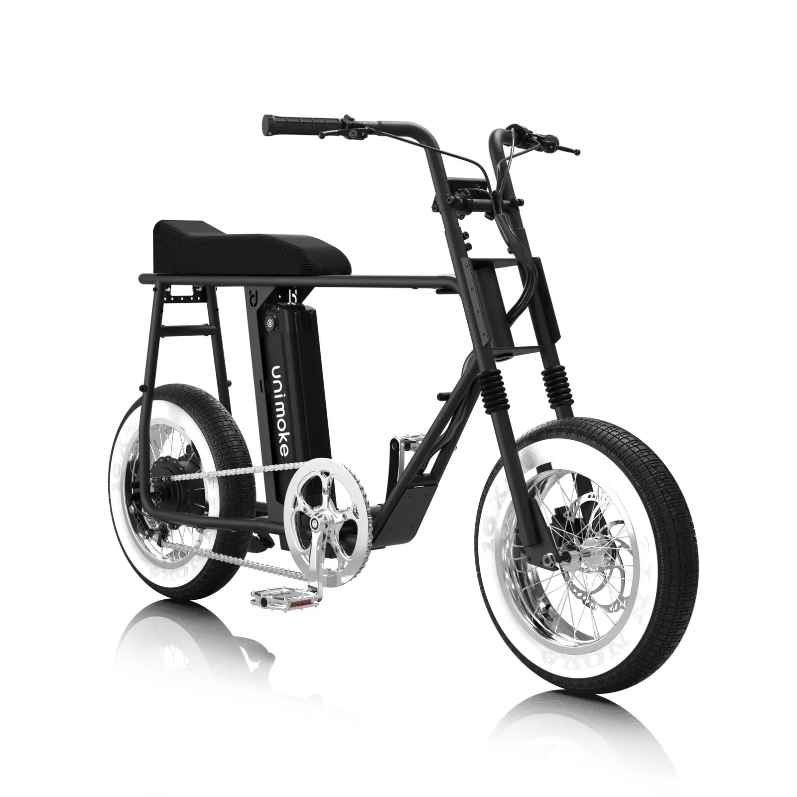 Unimoke minibike 消光黑以 1960 年代迷你摩托為靈感，結合 16 吋小輪徑與 4.0 胖胎，帶來靈活又穩定的騎行體驗