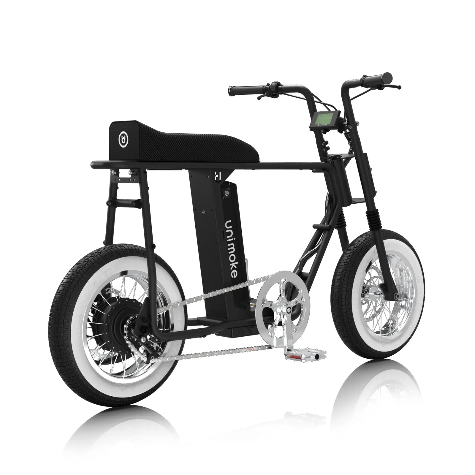Unimoke minibike 消光黑標配升級含消光黑避震前叉、簡式後把手，搭配復古白邊胎，增加復古元素