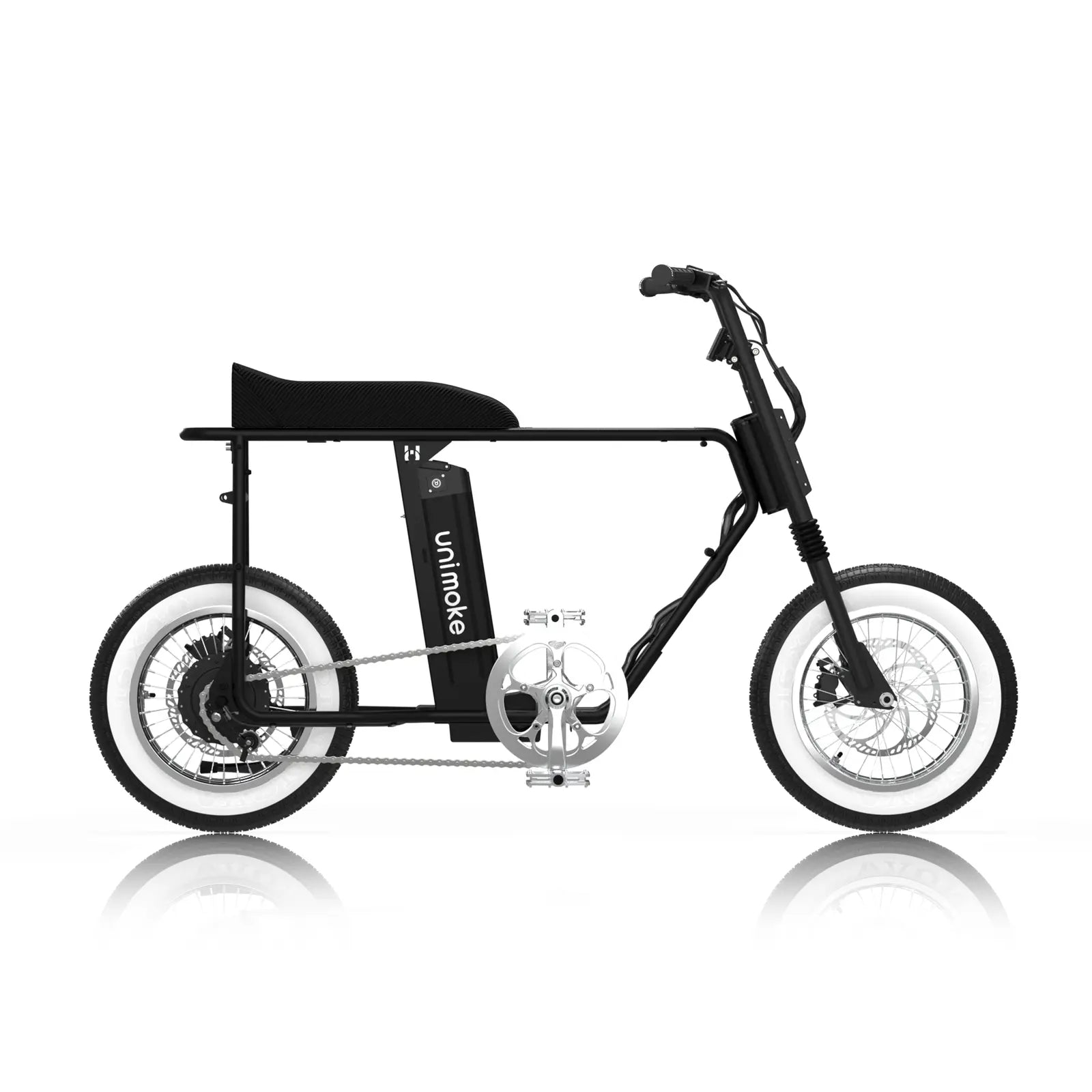 Unimoke minibike 消光黑標配新增避震前叉，安全有保障且增加騎乘體驗，防止路面顛簸