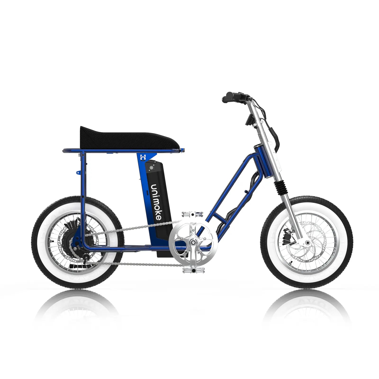 Unimoke miniswing 清漆寶石藍，亮眼藍色清漆車架搭配復古白邊胎及亮銀配件，營造復古風格