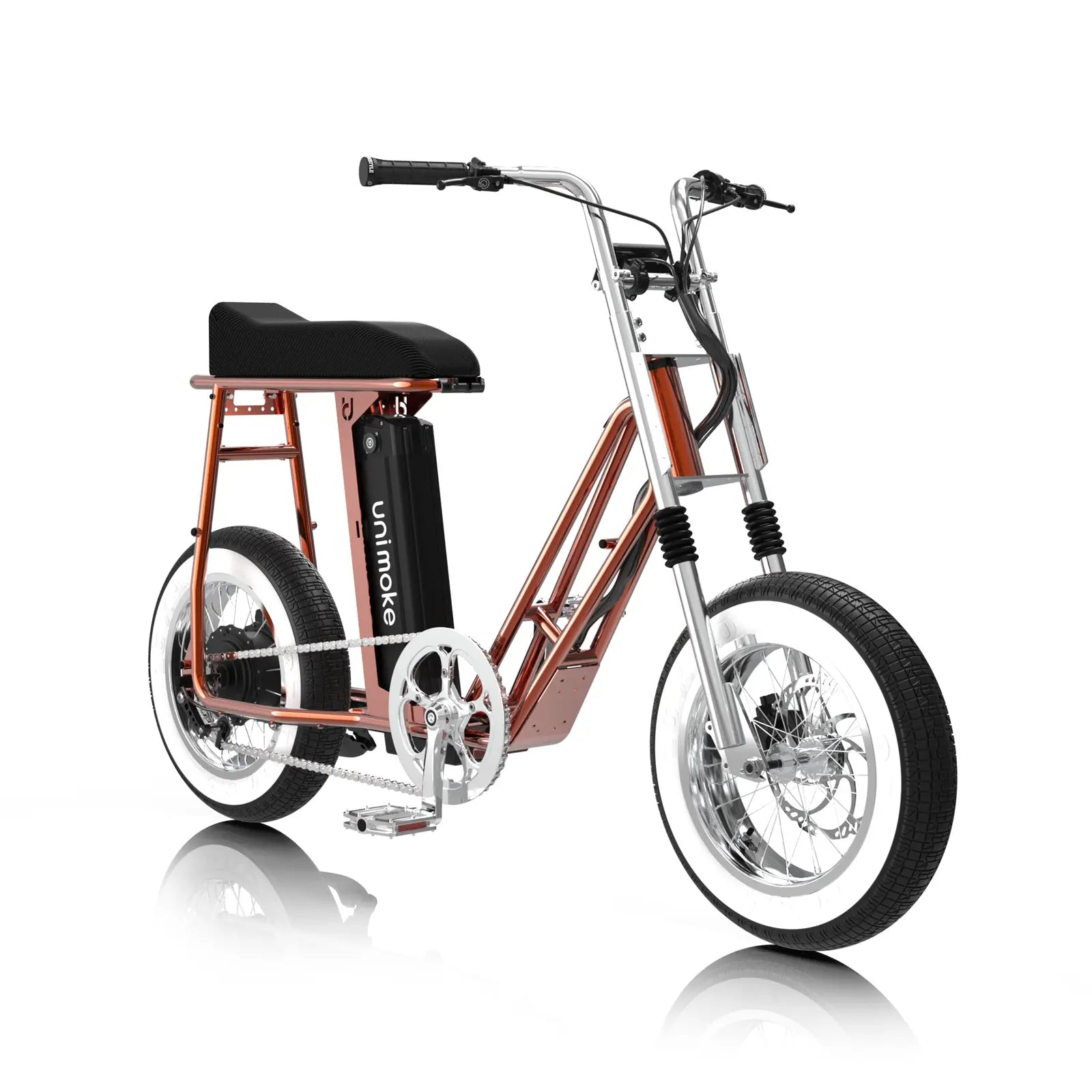 Unimoke miniswing 清漆火焰橘，金屬橘紅車架搭配亮銀配件，展現復古風格