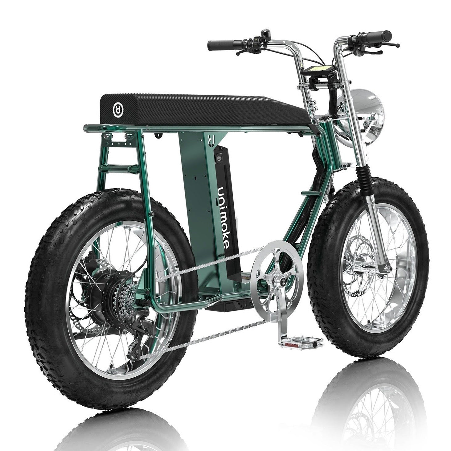 UrbanDrivestyle Unimoke MK 金龜綠標配升級包含避震前叉、轉向穩定器、座墊氣壓桿、配置 Urban Drivestyle 專屬鋁製銘飾板的雙電池擴充座