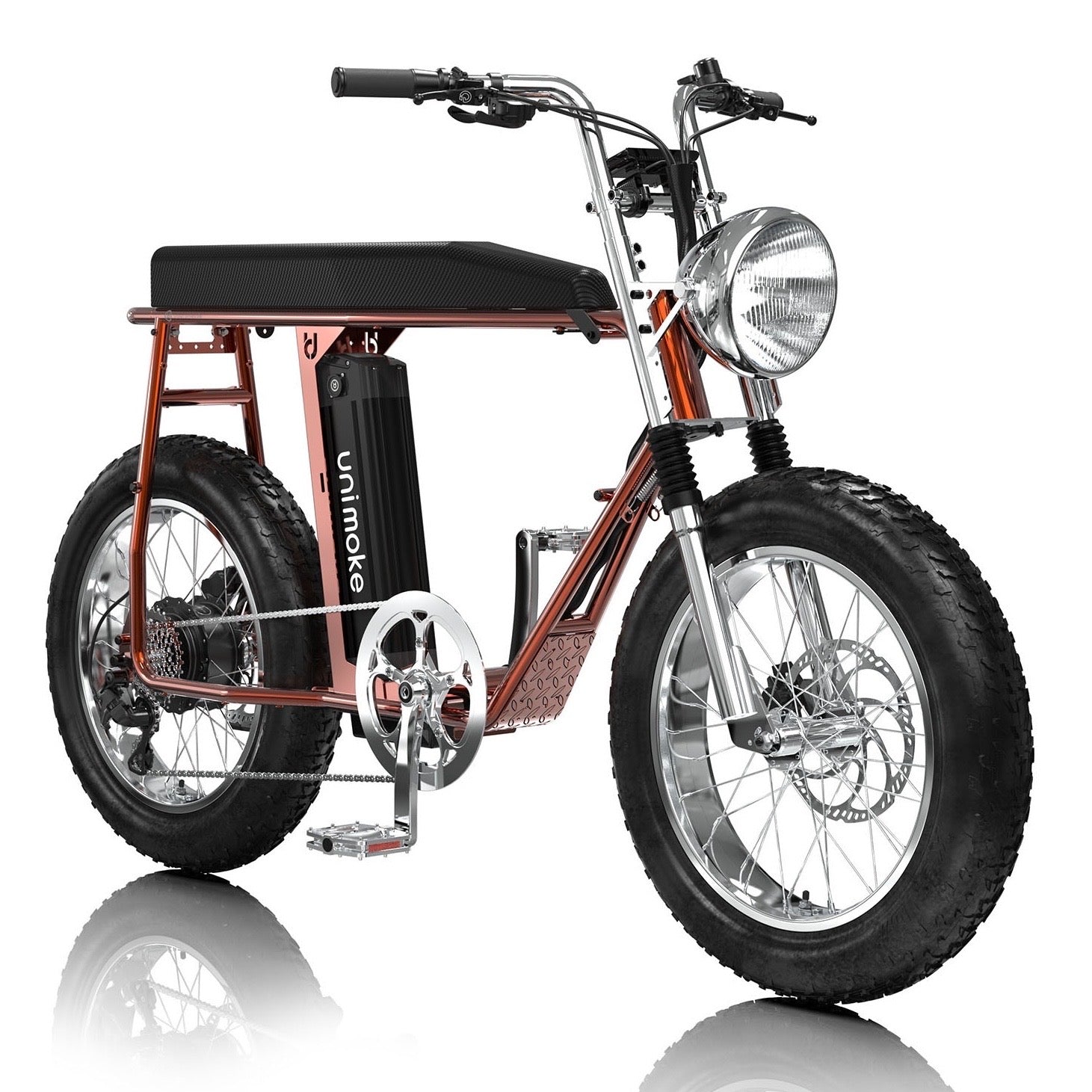 UrbanDrivestyle Unimoke MK 清漆火焰橘以透明塗層展現鉻鉬鋼車架的金屬紋理與精湛焊接工藝，搭配專屬亮銀金屬配件，營造通透卻強烈的視覺層次