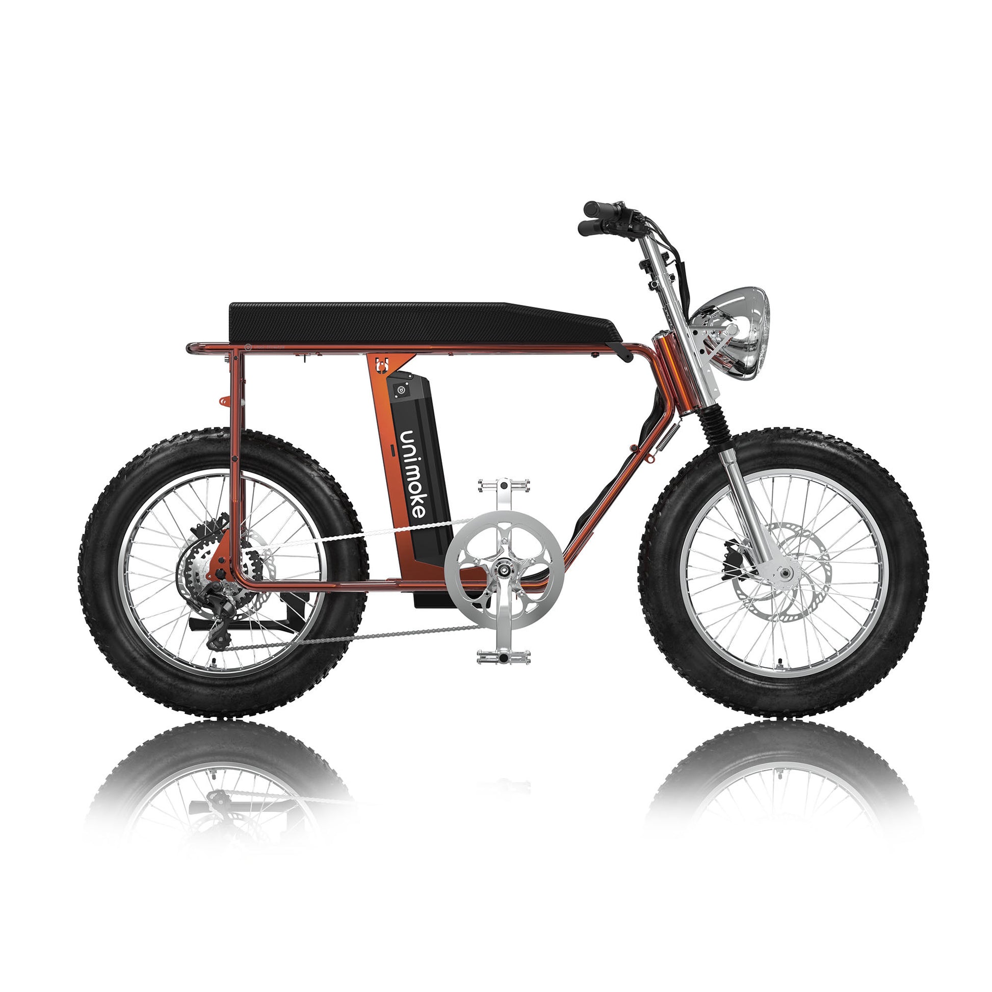 UrbanDrivestyle Unimoke MK 火焰橘標配升級包含避震前叉、轉向穩定器、座墊氣壓桿、配置 Urban Drivestyle 專屬鋁製銘飾板的雙電池擴充座