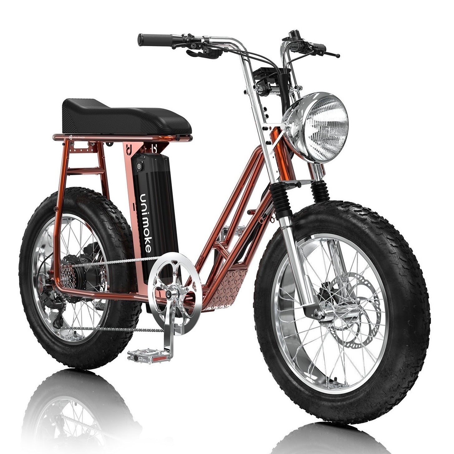 UrbanDrivestyle Unimoke SW 清漆火焰橘以透明塗層展現鉻鉬鋼車架的金屬紋理與精湛焊接工藝，搭配專屬亮銀金屬配件