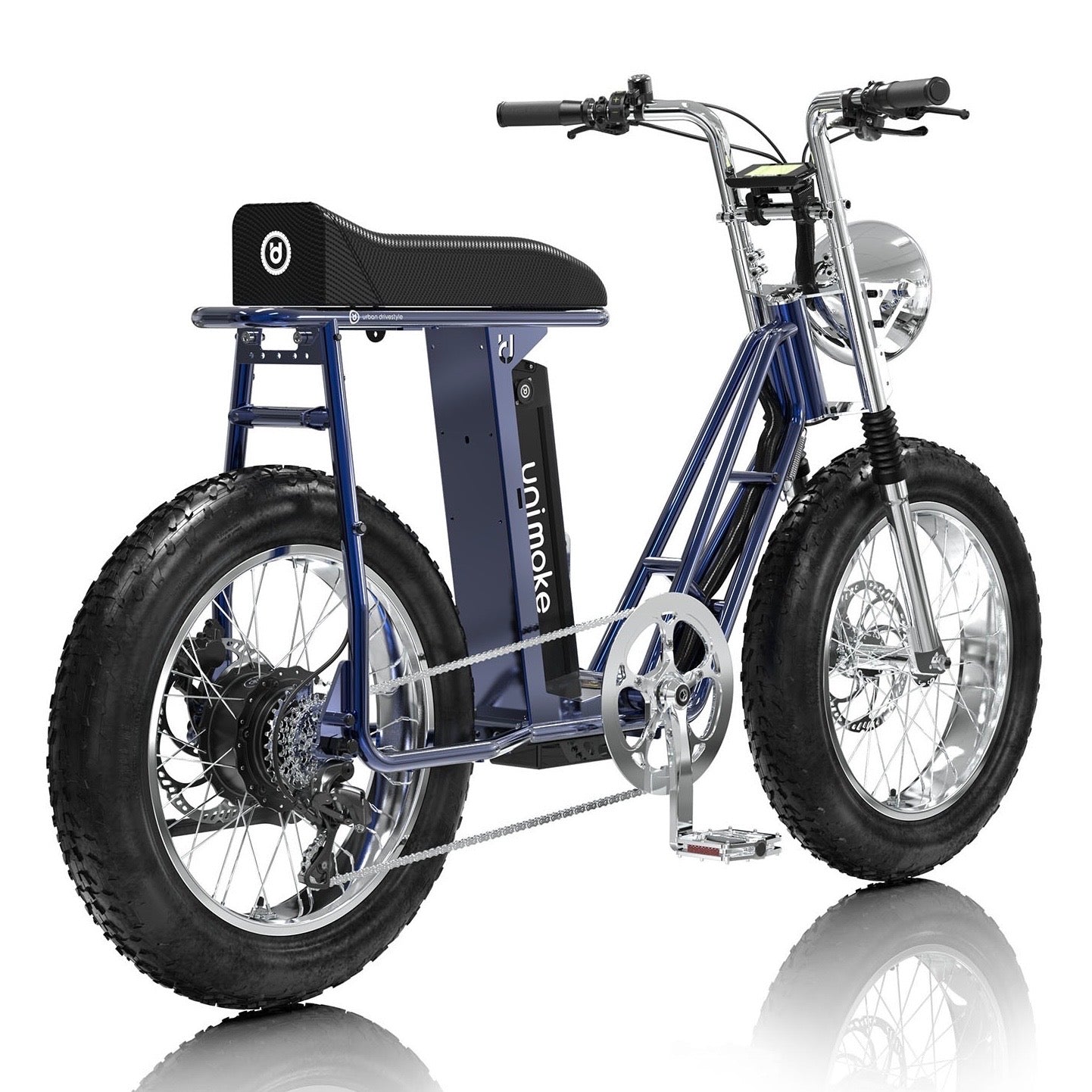 Unimoke SW 清漆寶石藍標配升級包含避震前叉、轉向穩定器、配置 Urban Drivestyle 專屬鋁製銘飾板的雙電池擴充座